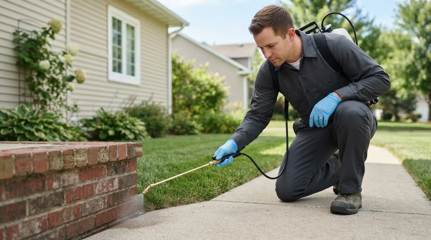 Pest control technician treating a home near Adelphi, OH
