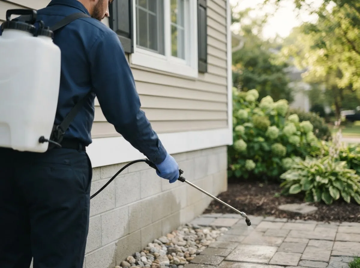 Pest control technician inspecting a home in Adelphi, OH